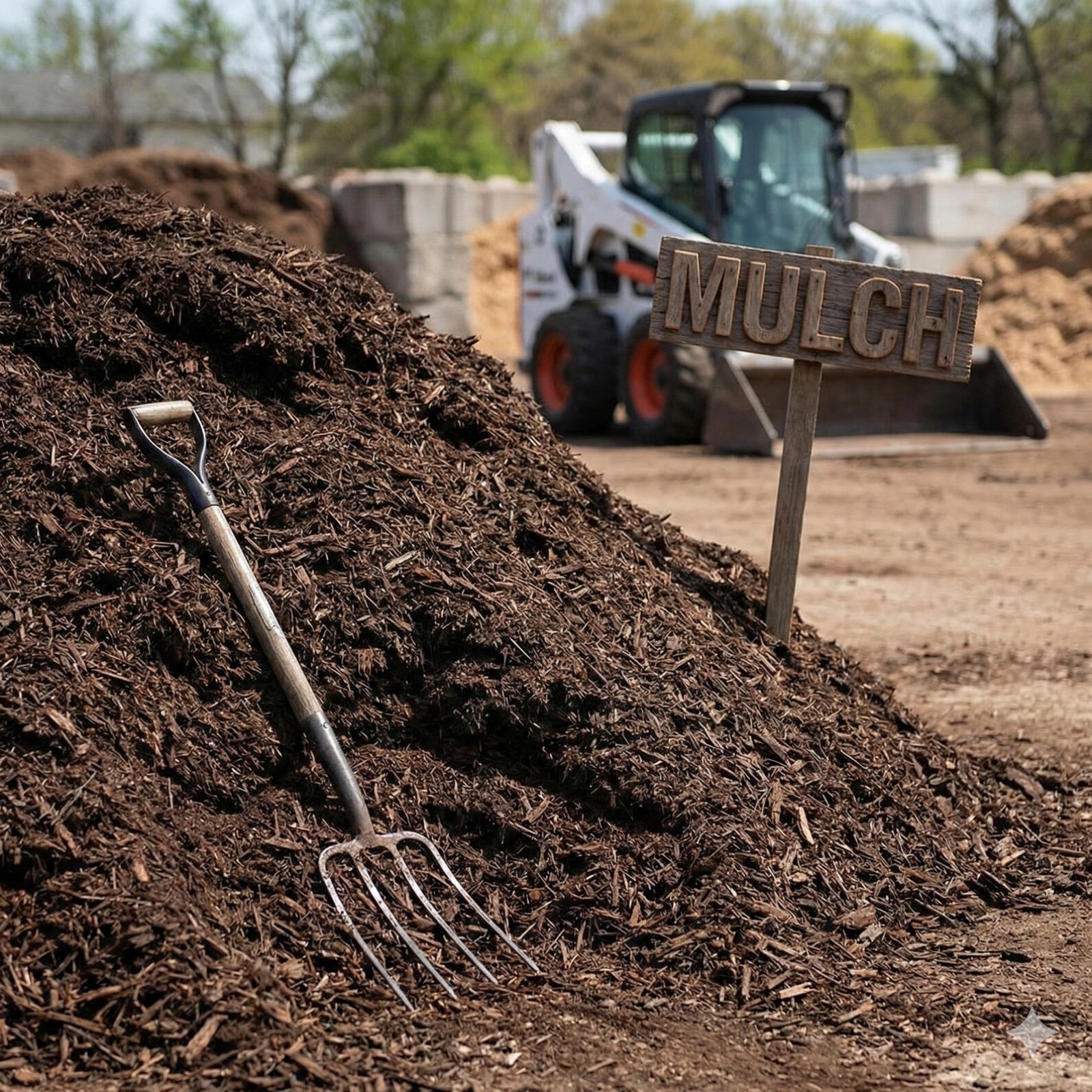 Mulch pile in the Miller's Landscape and Supply yard with a Bobcat loader